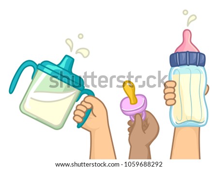 Illustration of Kids Hands Holding a Pacifier and Milk in Sippy Cup and Baby Bottle