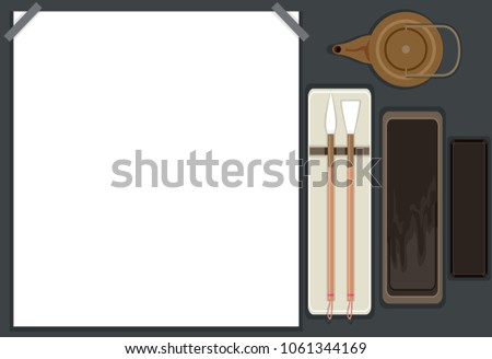 Illustration of a Blank Rice Paper Board with Japanese Calligraphy Tools from Ink Stone, Brush and Pot of Water