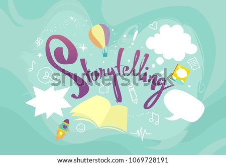 Illustration of Storytelling Lettering with Different Speech Bubbles, Book and Doodles