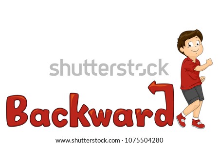 Illustration of a Kid Boy Walking Backwards with a Backward Word or Lettering