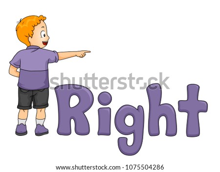 Illustration of a Kid Boy Pointing to His Right with a Right Word or Lettering