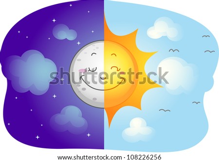 Illustration Of A Split-Screen Showing The Sun And The Moon - 108226256 ...