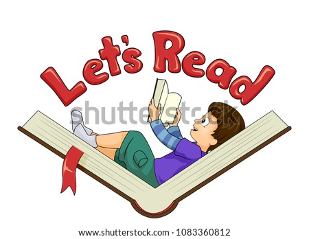Illustration of a Kid Boy Reading a Book on Top of an Open Book with Lets Read Lettering