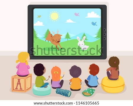 Illustration of Stickman Kids Watching Reindeer and Rabbit Cartoons on Television