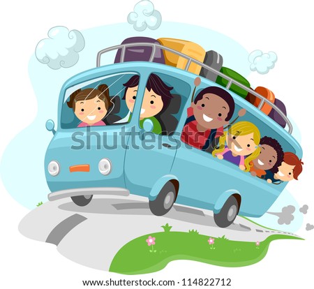 Illustration of Excited Kids Cheering While Riding a Bus