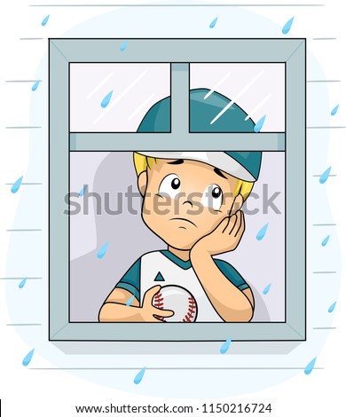 Illustration of a Kid Boy Wearing Baseball Uniform and Holding a Ball Looking Sad by the Window Looking at the Rain