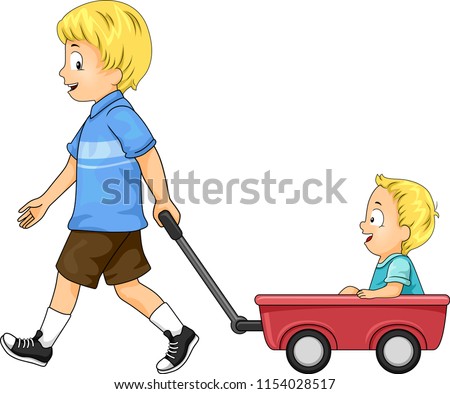 Illustration of Kids Boys with Older Brother Pulling Red Toy Wagon Carrying His Younger Brother