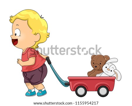 Illustration of a Kid Boy Toddler Pulling a Red Wagon with Bear and Rabbit Stuffed Toy