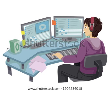 Illustration of a Teenage Guy Using Computer Editing Video on Multiple Monitors
