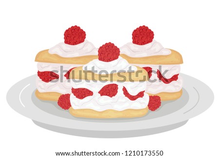 Illustration of Raspberry Shortcakes on a Plate with Raspberries and Cream on Top