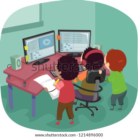 Illustration of Stickman Kids Editing a Video on Computer with Two Monitors
