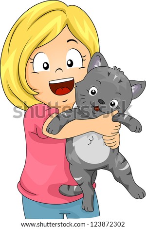 Illustration Of A Little Girl Hugging A Cat - 123872302 : Shutterstock