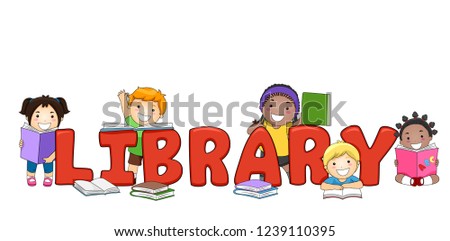 Illustration of Library Lettering with Kids and Books