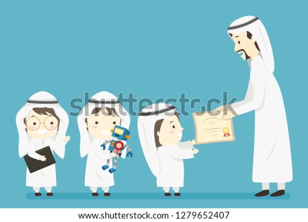 Illustration of Muslim Kids Boys Holding a Robot They Made and Receiving an Award from a Man