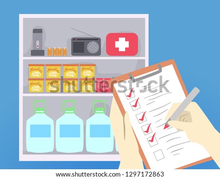 Illustration of Hands Checking List While Looking at the Cabinet with Food, Medicine, Flash Light, Radio, Battery and Water
