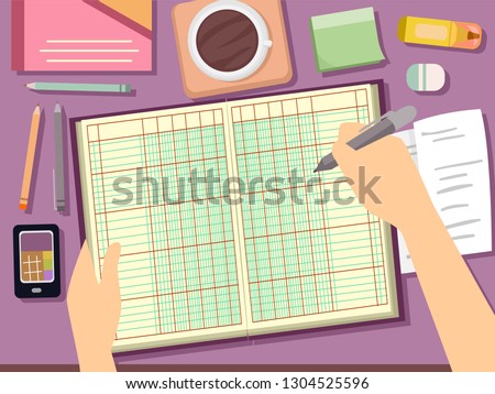 Illustration of Hands Holding a Pen and Ledger for Bookkeeping with Receipts, Coffee and Office Supplies on Desk