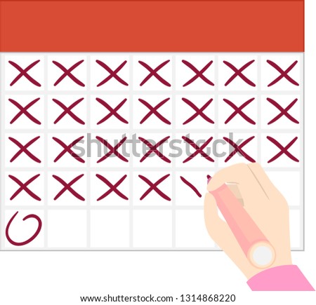 Illustration of a Hand Holding a Marker Crossing Blank Calendar with X until the Encircled Date