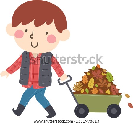 Illustration of a Kid Boy In the Farm Pulling a Wagon Full of Autumn Leaves