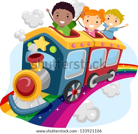 Illustration of Stickman Kids on Top of a Rainbow Train