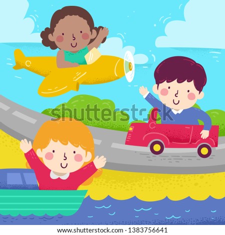 Illustration of Kids Waving from Different Kinds of Transportation from Ship, Car and Airplane