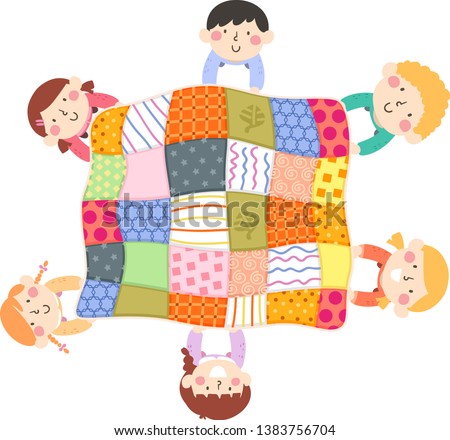 Illustration of Kids Holding a Big Quilt They Made and Looking Up