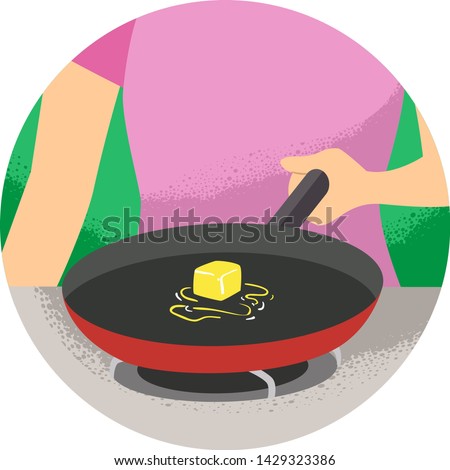 Illustration of a Hand Holding Frying Pan Melting Butter. Kitchen Verb Melt
