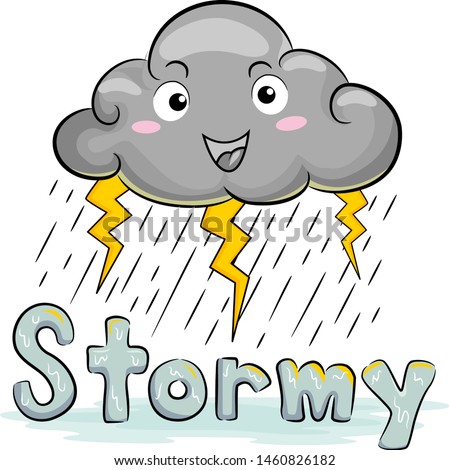 Illustration of a Gray Cloud with Rain and Lightning and Stormy Lettering