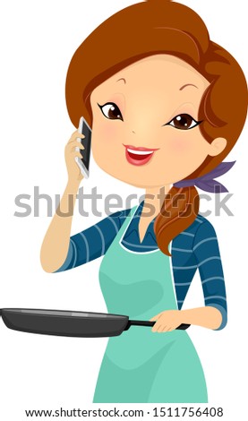 Illustration of a Girl Wearing Apron and Holding Frying Pan and a Mobile Phone Inviting Friends for Dinner