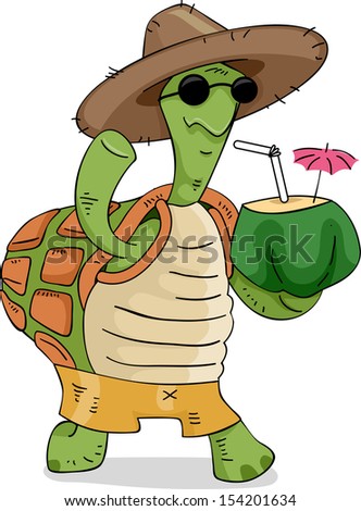 Illustration Of A Turtle Wearing A Straw Hat Carrying A Coconut Drink ...