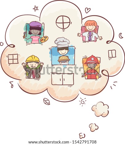 Illustration of Stickman Kids Inside a Thinking Cloud Wearing Different Career Uniforms. Children Dreams Future Careers