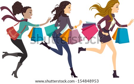 Illustration of Girls Carrying Shopping Bags Running to the Right Side of the Drawing