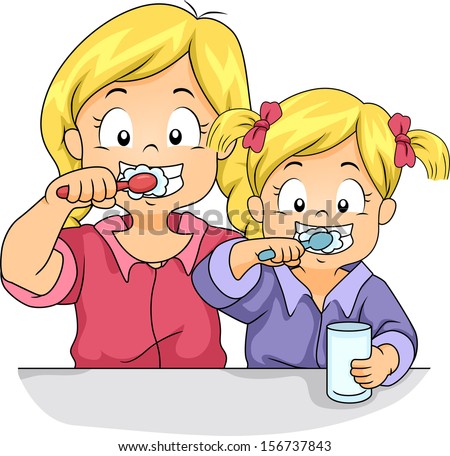 Illustration Of Female Siblings Brushing Their Teeth Together ...