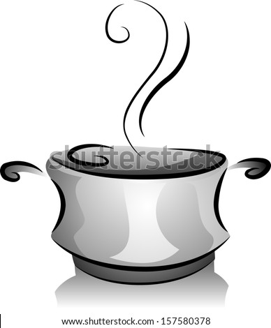 Black and White Illustration of a Pot Filled with Steaming Broth