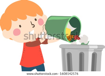 Illustration of a Kid Boy Emptying Trash from Waste Basket into a Garbage Can