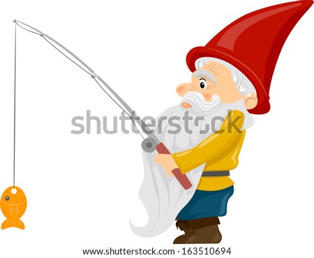 Illustration Of A Gnome Holding A Fishing Rod With A Fish Dangling At ...