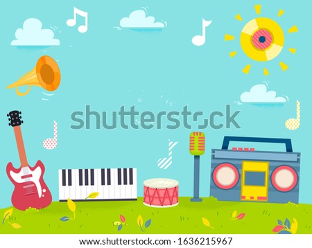 Background Illustration of a Guitar, Stereo, Keyboard, Drums, Microphone, Horn and Music Doodles for Learning