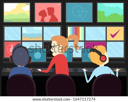 Illustration of Man and Woman in the Broadcast Room In Front of Multiple Screens as a Production Team