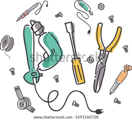 Illustration of a Mechanical DIY Lettering with Spanner, Drill, Screwdriver, Pliers, Soldering Iron and Several Nuts and Bolts