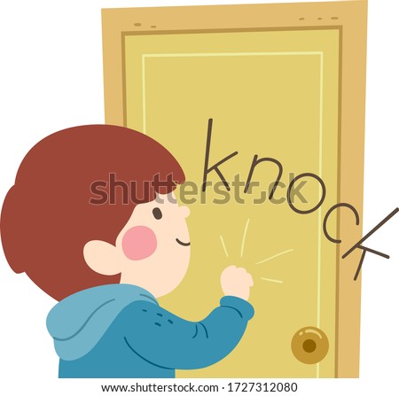 Illustration of a Kid Boy Knocking on a Door Producing Knock Sound Foto d'archivio © 