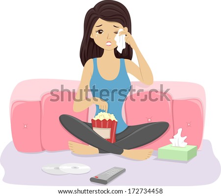 Illustration of a Girl Crying While Watching a Movie