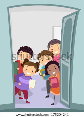 Illustration of a Group of Kids Carrying Notebooks Welcoming the New Arrivals at the Door