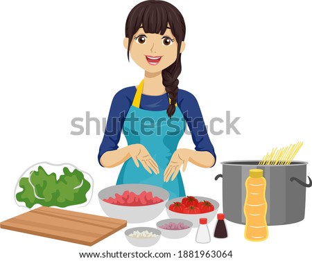 Illustration of a Teenage Girl Wearing Apron, Preparing and Presenting Ingredients