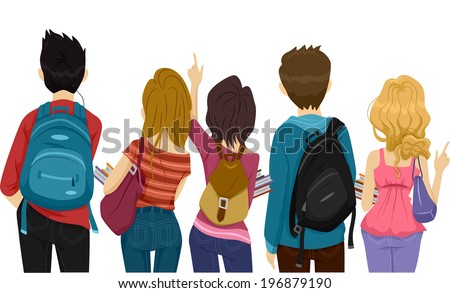 Back View Illustration of College Students on Their Way to School