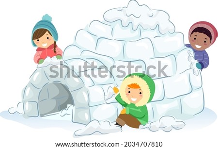 Illustration of Stickman Kids Making an Igloo, Snow Fort in the Snow