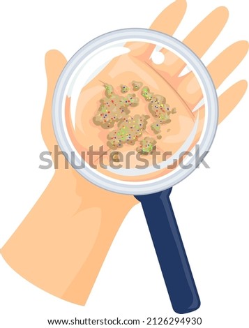 Illustration of a Hand Holding Magnifying Glass, Looking at Micro Plastic in Sand. Oceanography ストックフォト © 