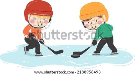 Illustration of Kids Wearing Helmets Playing Ice Hockey Using Hockey Sticks