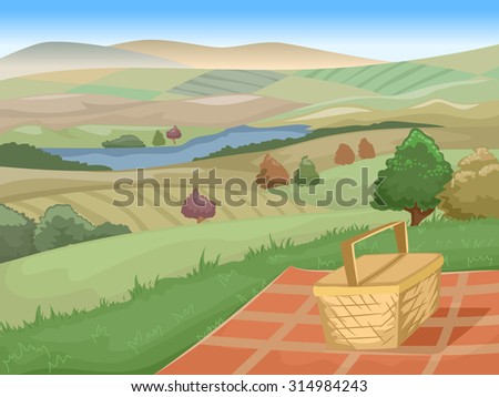 Illustration of a Picnic Site with a Stunning View of Farmlands
