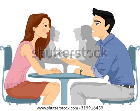 Illustration of a Man and Woman Asking Each Other Questions at a Speed Dating Event
