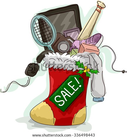 Illustration of a Christmas Sock Filled with Discounted Gifts