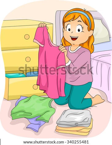 Illustration of a Little Girl Folding Freshly Washed Clothes